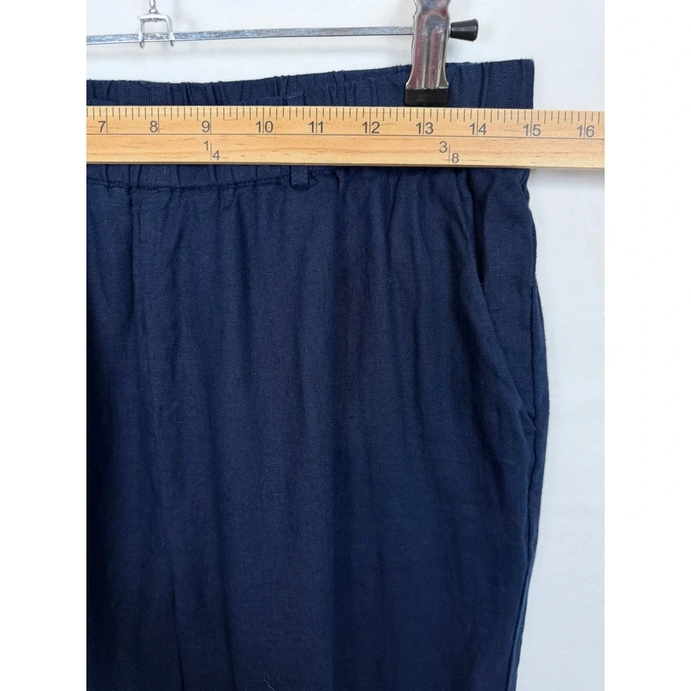 Quince Women 100% Linen Pants Size M Navy Blue Elastic Waist Tapered Trousers